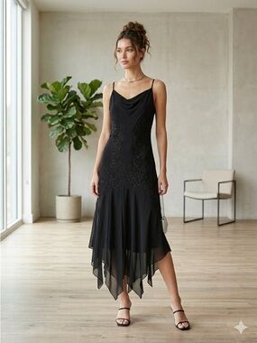 Vintage Via Vittoria Y2K Black Beaded Handkerchief Slip Dress - US 10 (Medium)